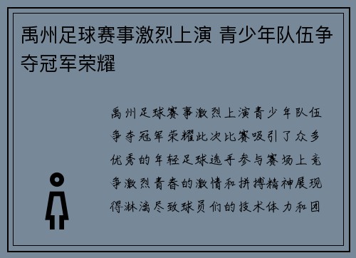 禹州足球赛事激烈上演 青少年队伍争夺冠军荣耀