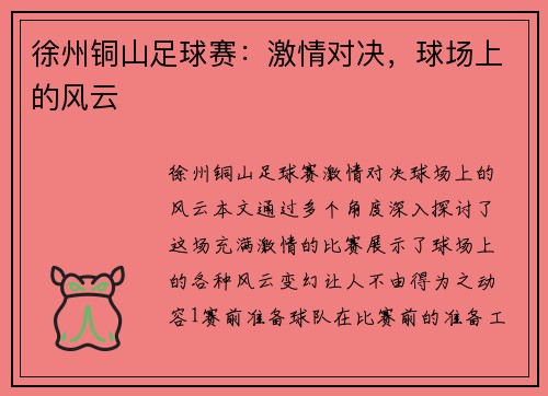 徐州铜山足球赛：激情对决，球场上的风云