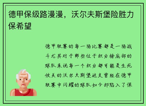 德甲保级路漫漫，沃尔夫斯堡险胜力保希望