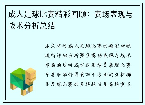 成人足球比赛精彩回顾：赛场表现与战术分析总结