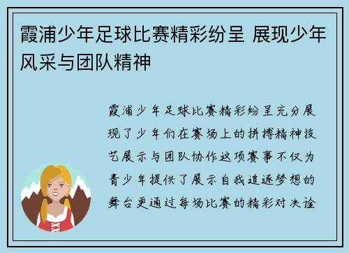 霞浦少年足球比赛精彩纷呈 展现少年风采与团队精神