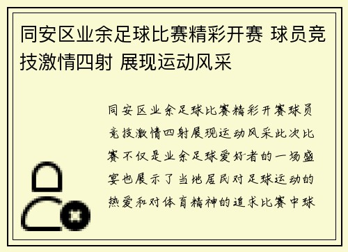 同安区业余足球比赛精彩开赛 球员竞技激情四射 展现运动风采