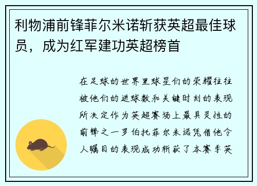 利物浦前锋菲尔米诺斩获英超最佳球员，成为红军建功英超榜首