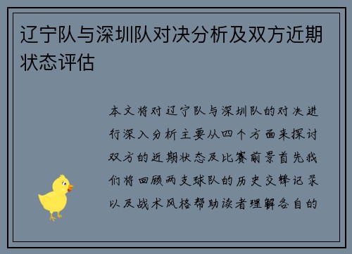 辽宁队与深圳队对决分析及双方近期状态评估