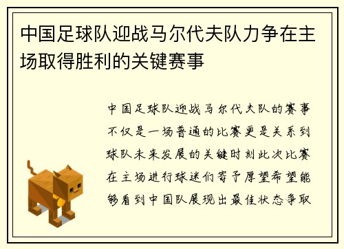 中国足球队迎战马尔代夫队力争在主场取得胜利的关键赛事